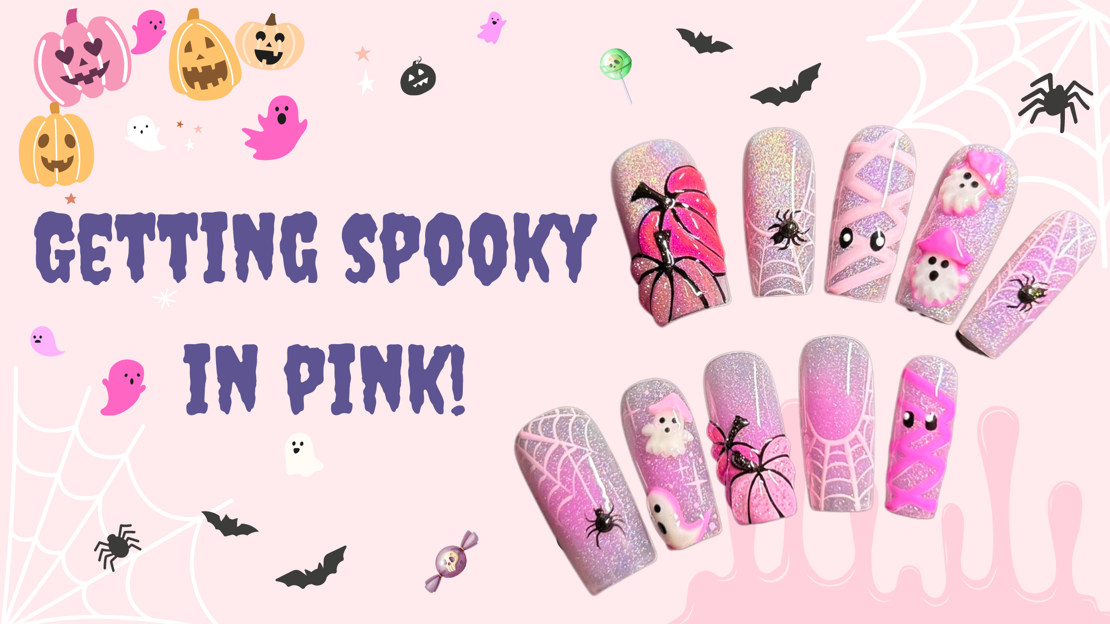 Cute ghost nails for Halloween in pink, ideal for a fun and flirty look