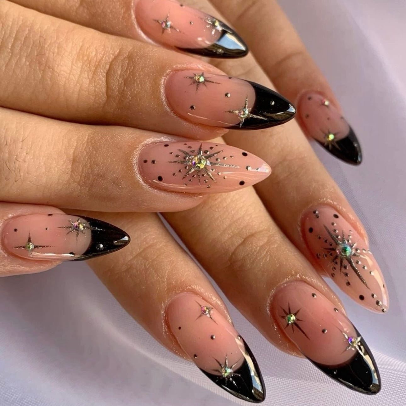 Black French Nail with Gold chrome nail details