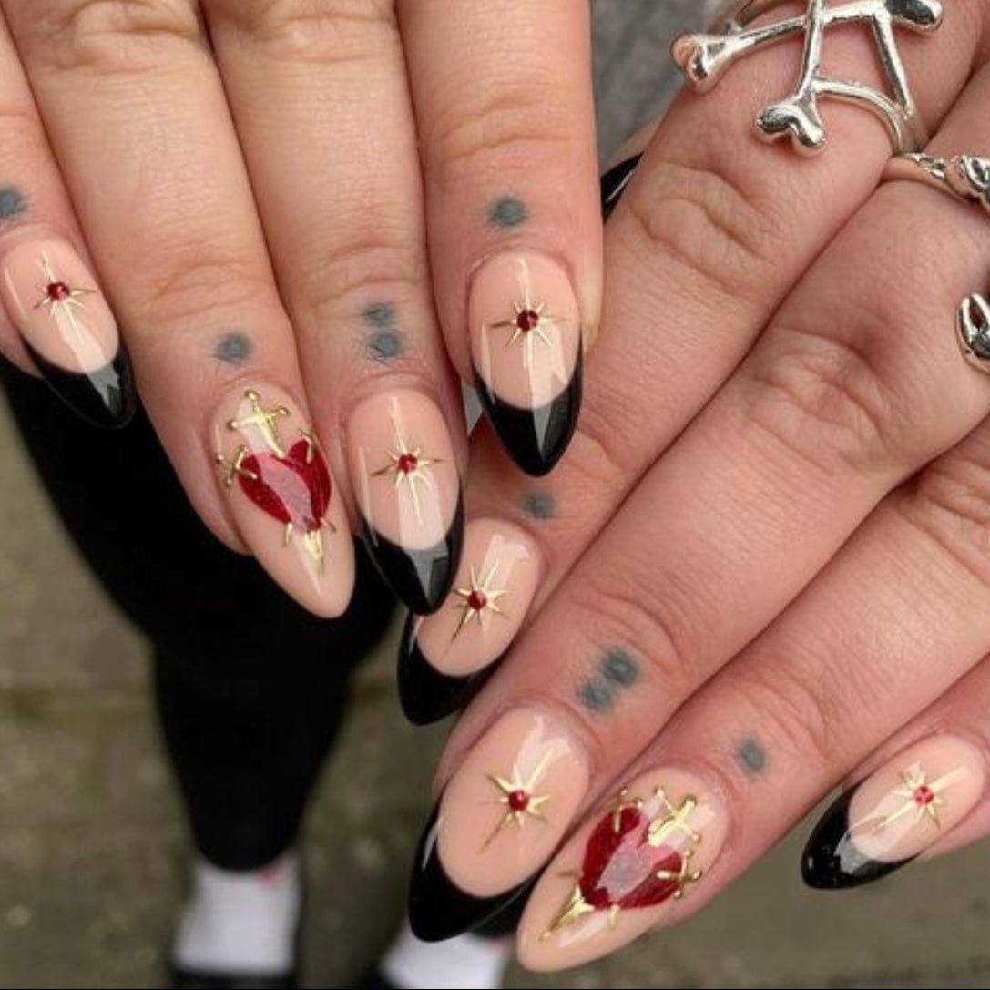 Black French Nails with heart design and gold details