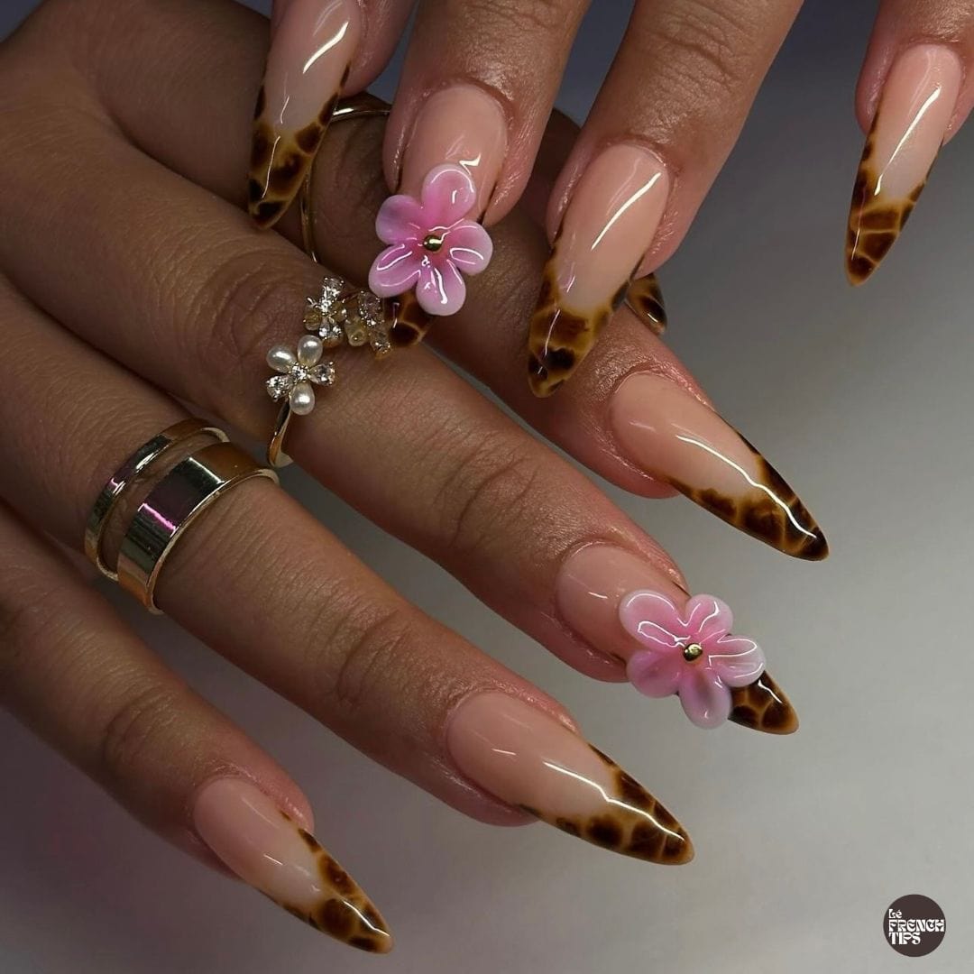 Brown tip nails with flower French tips