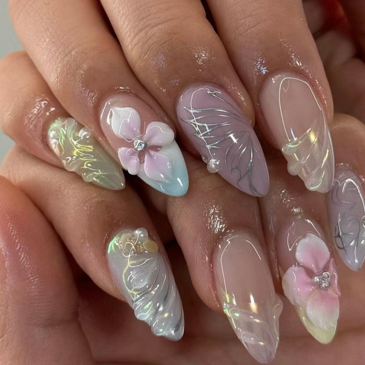 Floral and Pearl Manicure