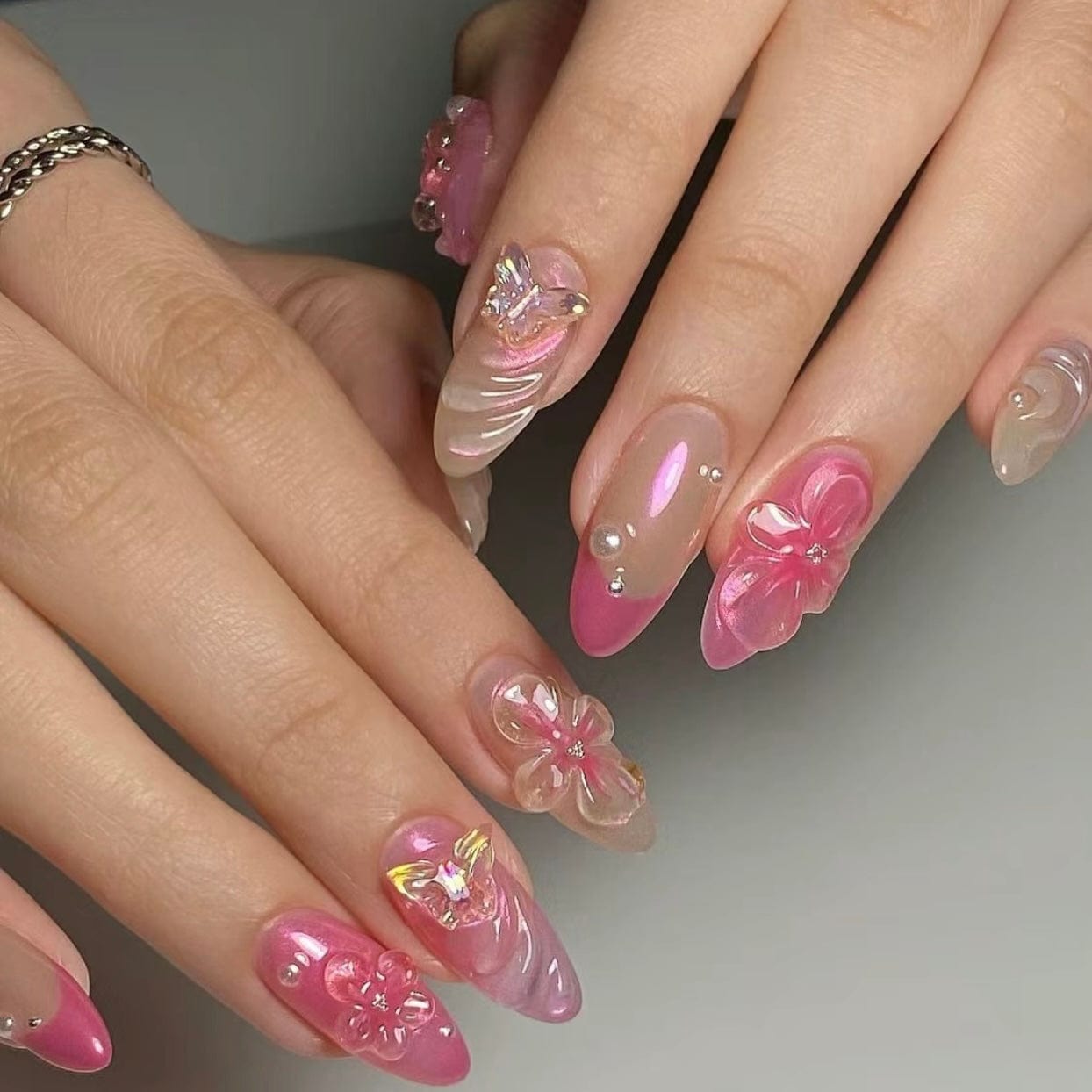 Pink Aurora Crystal 3D Flower Nails