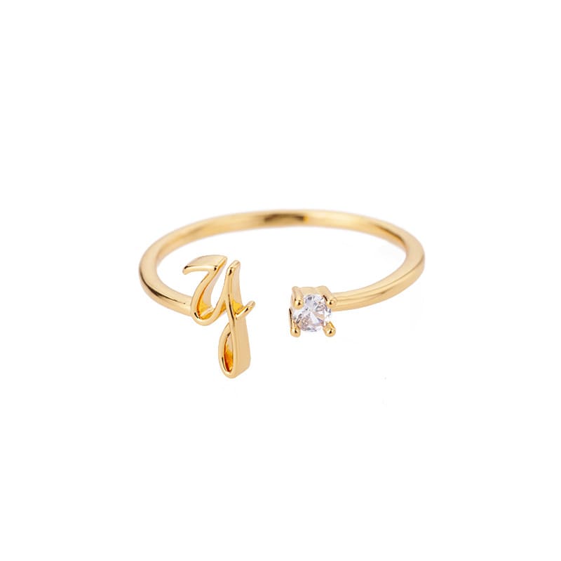 Open Initial Ring with Gemstone in 18K Gold